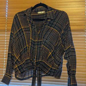 XS/S Mango tie-waist plaid flannel shirt red/yellow/brown/teal